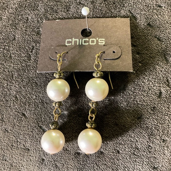 0114-Chico's Gold and Cream Dangle Earrings - Picture 1 of 3